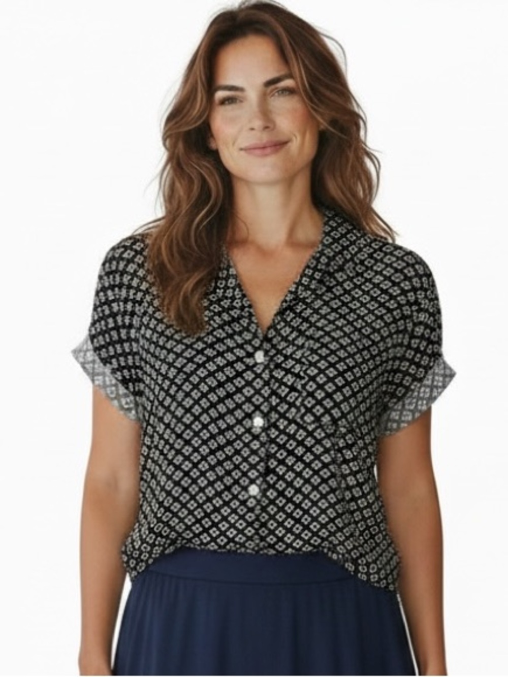 Jachs Girlfriend Short Sleeve Button Down Blouse - Navy Geometric Print - Size M
